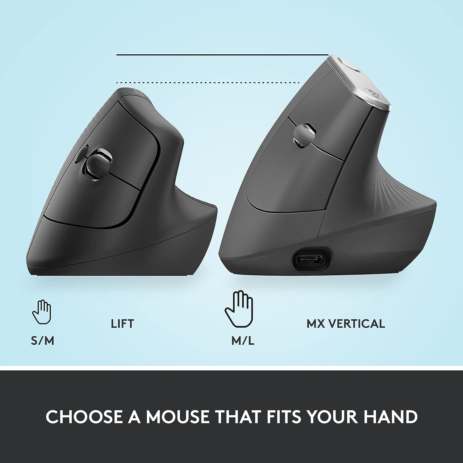 Logitech Lift Vertical Ergonomic Mouse- BLACK , Wireless, Bluetooth or Logi Bolt USB receiver