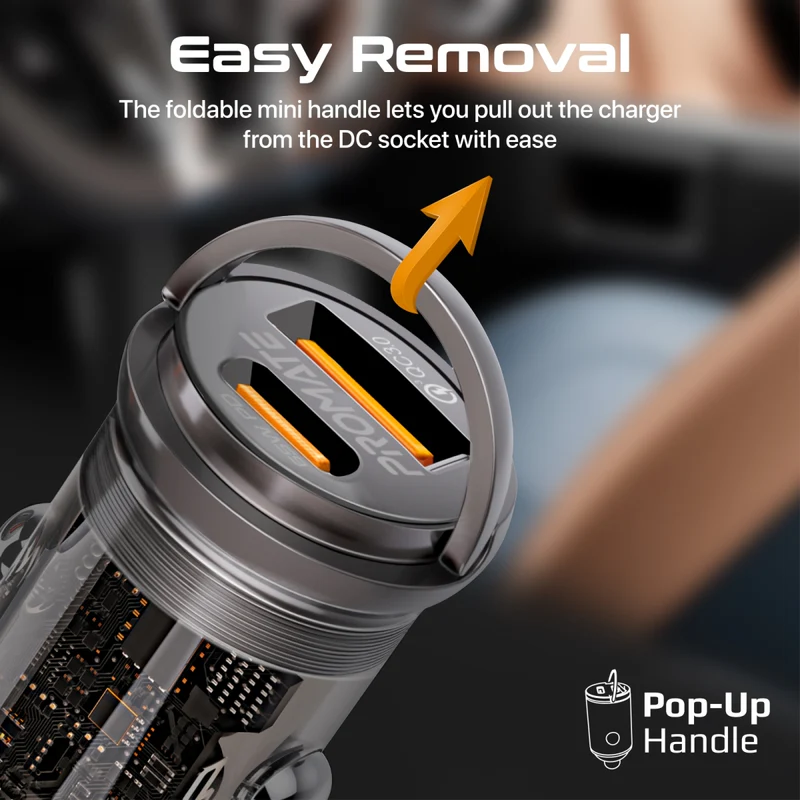 Promate TransDrive-65W RapidCharge Transparent Mini Car Charger with Power Delivery & QC 3.0