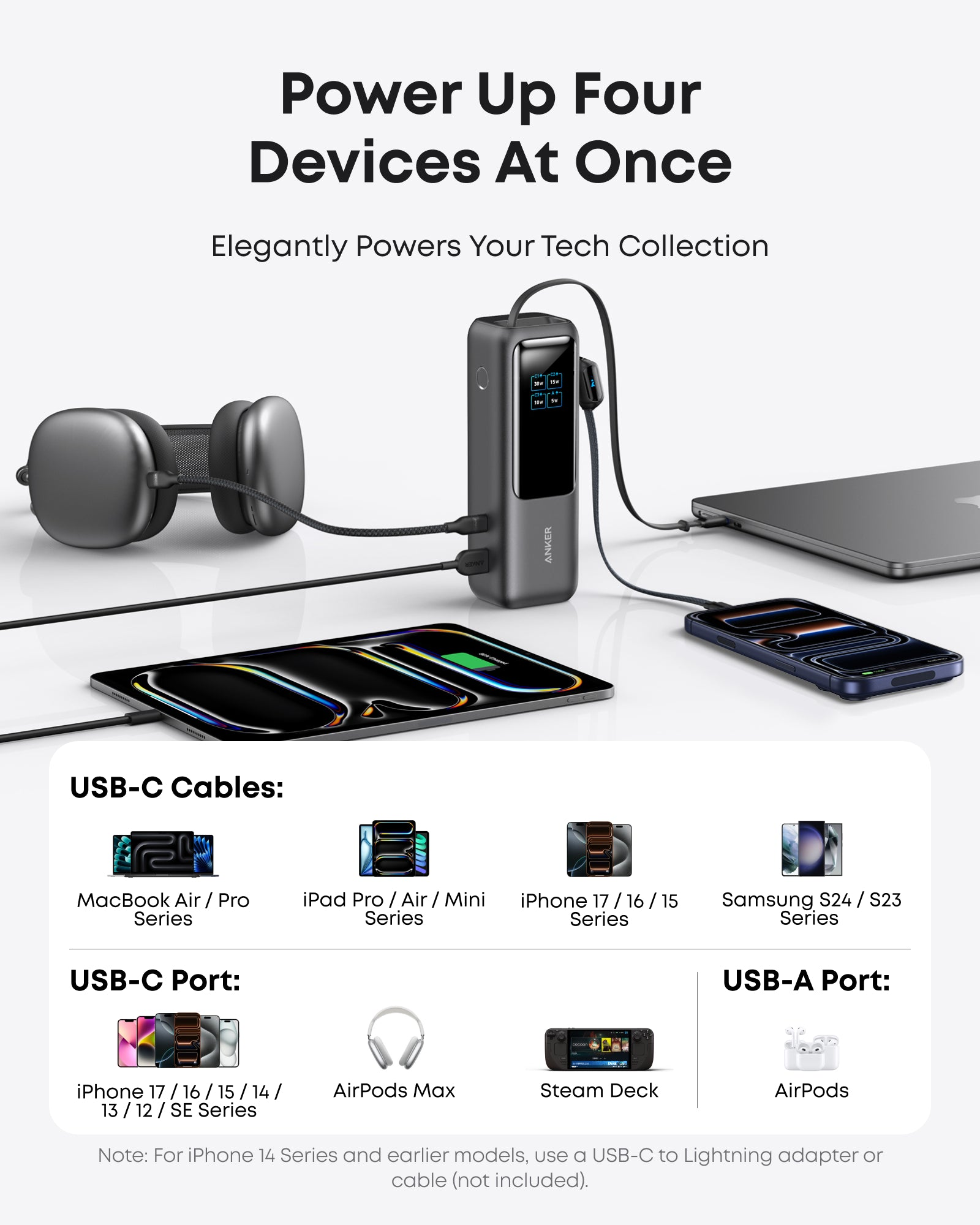 ANKER POWER BANK 25K 165W BUILT IN USB-C AND RETRACTABLE CABLE