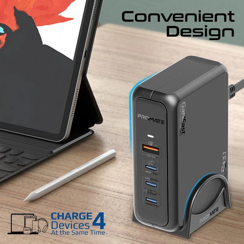 Promate GANPORT-140W 140W Super-Speed GaNFast Charging Station with Power Delivery 3.1 & Quick Charge 3.0