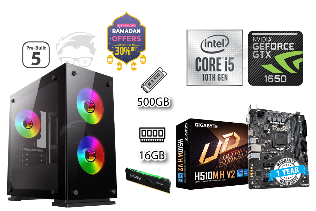 PC Offer 5 / Intel Core i6 10400F / Nvidia GTX 1650 / 500GB NV2 SSD / 16GB RAM / Gigabyte H510M H V2 Motherboard