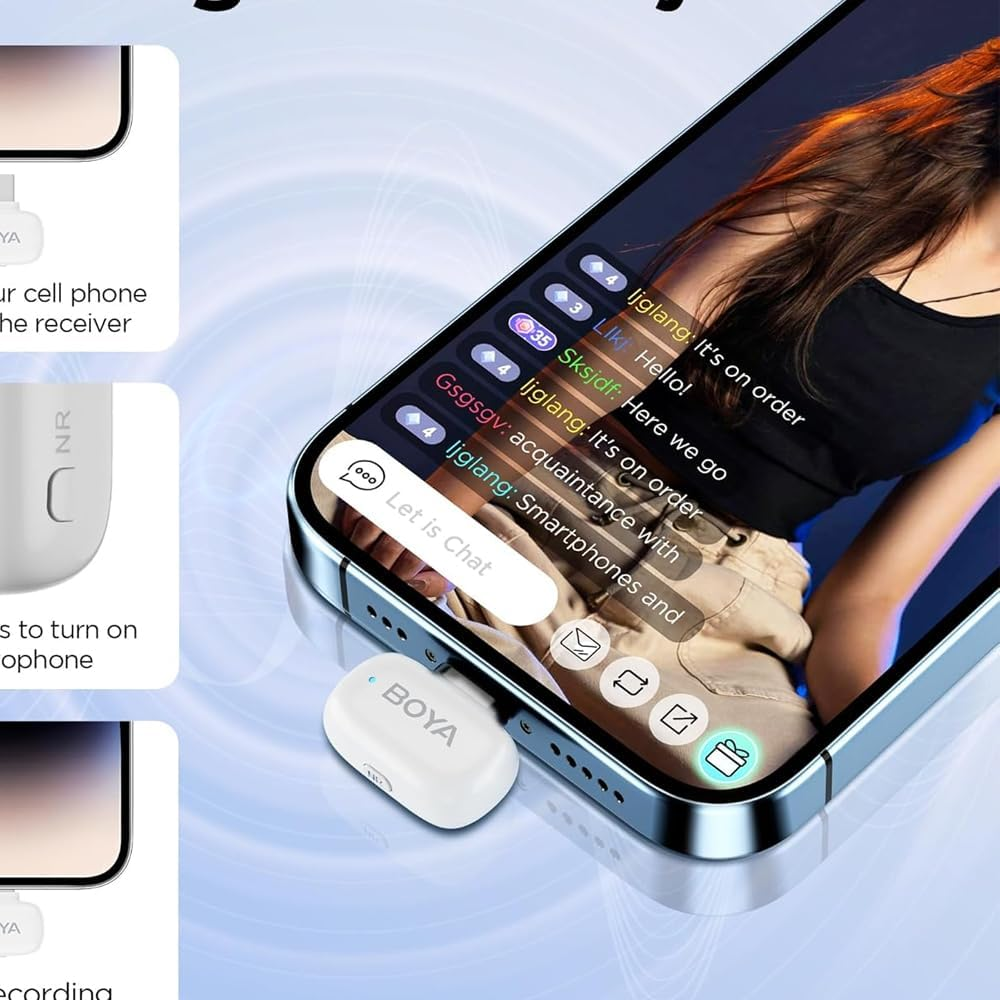 BOYA Mini Wireless Microphone for iPhone/Android/PC/Tablets with USB C/Lightning Plug - White