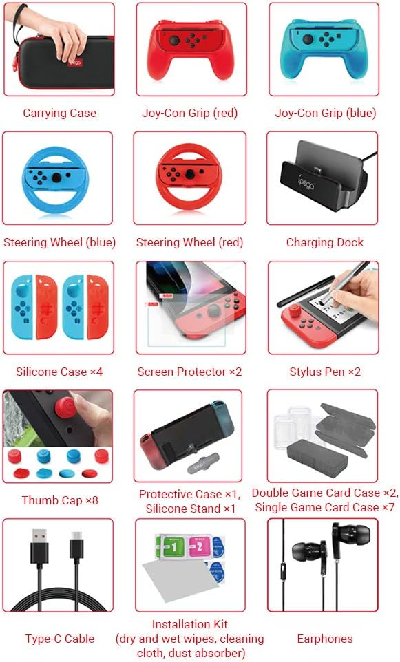 iPega Switch Accessories Bundle 36 in 1 Essential Kit with Joy-Con Grip Steering Wheel Screen Protector Earphones Compatible with N-Switch/N-Switch Lite