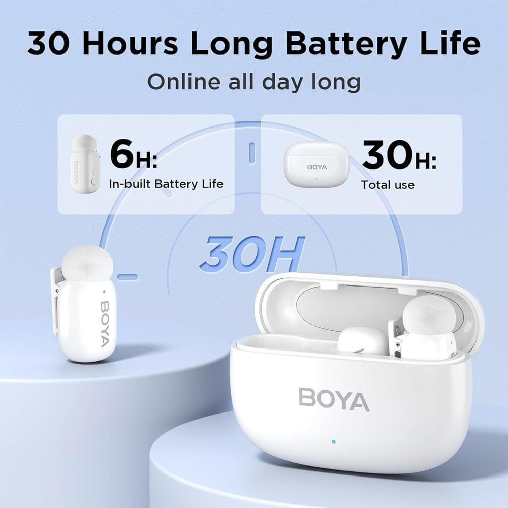 BOYA Mini Wireless Microphone for iPhone/Android/PC/Tablets with USB C/Lightning Plug - White