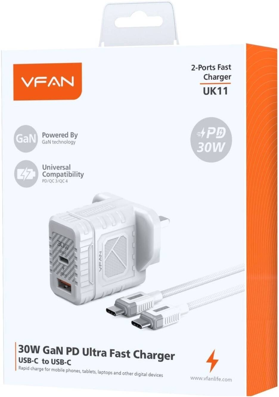 VFAN 2ports Fast Charger E11 30W USB-C - C