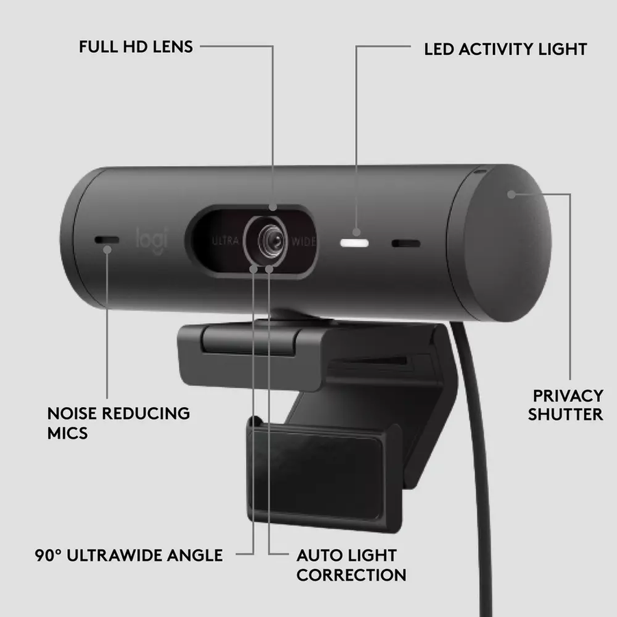 Logitech Brio 500 Full HD Webcam with Auto Light Correction Dual Noise Reduction Mics Streaming -Graphite