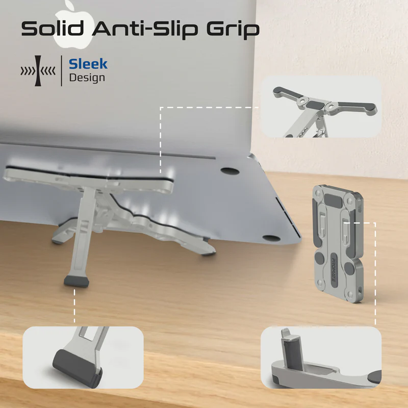 Promate FoldiX Compact Multi-Level Folding Laptop Stand w/ Anti-Slip Design - Grey