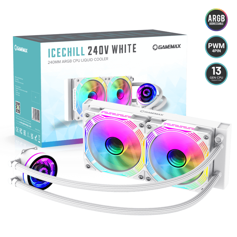 GameMax IceChill 240V White, Liquid CPU Cooler 240mm Addressable RGB