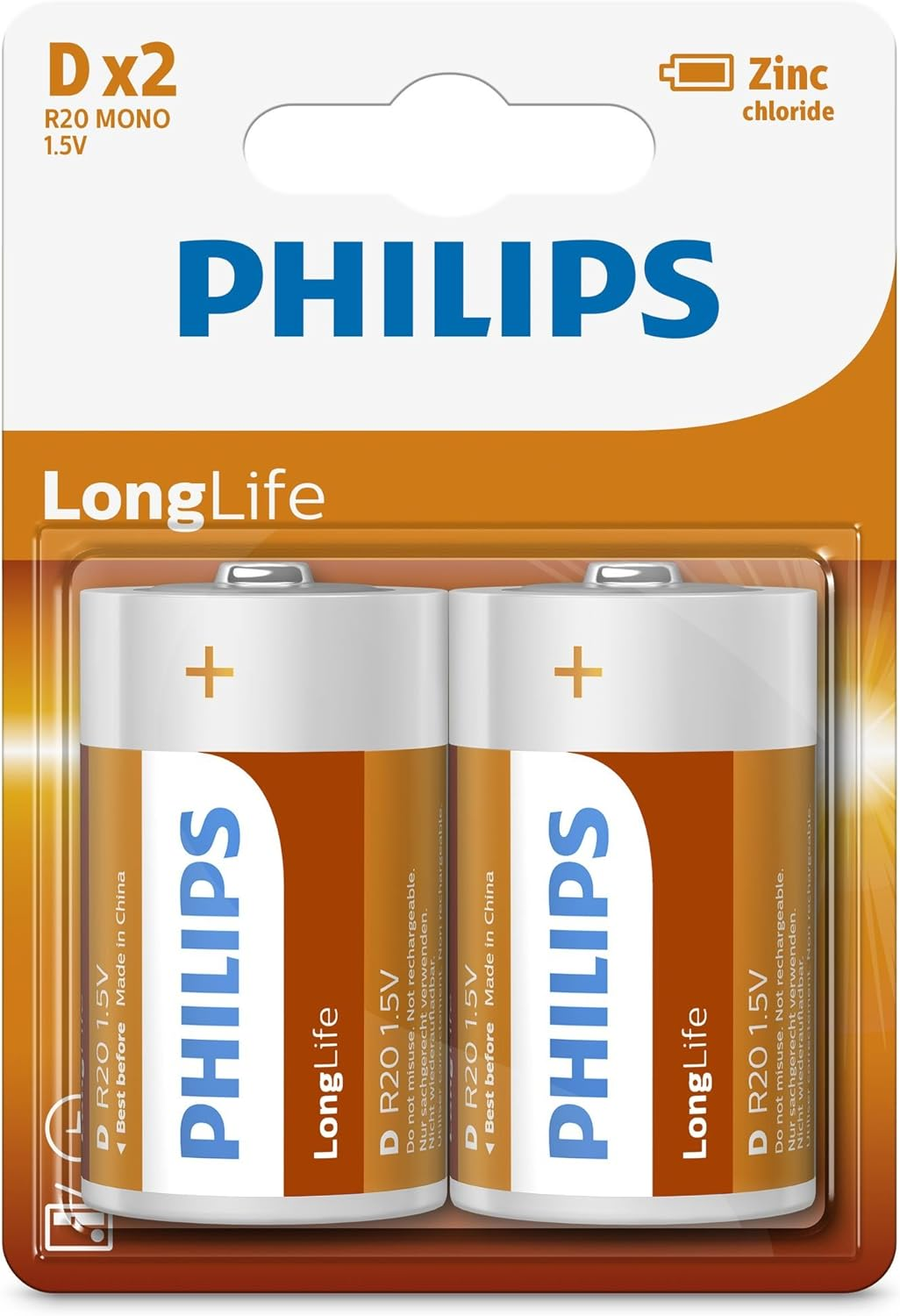 Philips D-Batteries - R20L2B - Battery Pack of 2 - Zinc Chloride Technology - 3 Year Shelf Life - 1.5V