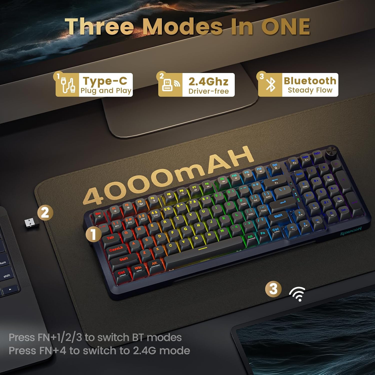 Redragon Wireless Mechanical Keyboard, 3 Mode Gasket Mounted RGB Gaming Keyboard with Volume Knob