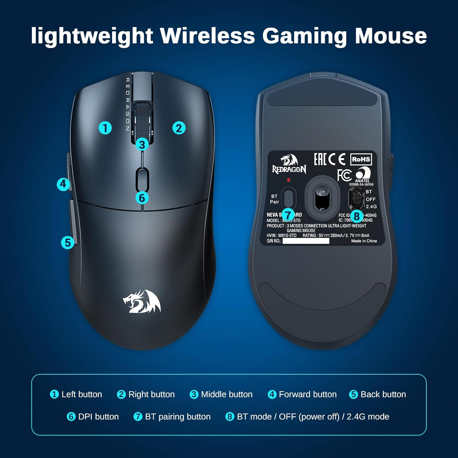 Redragon M815-STD Wired/Bluetooth/2.4G Gaming Mouse - Black
