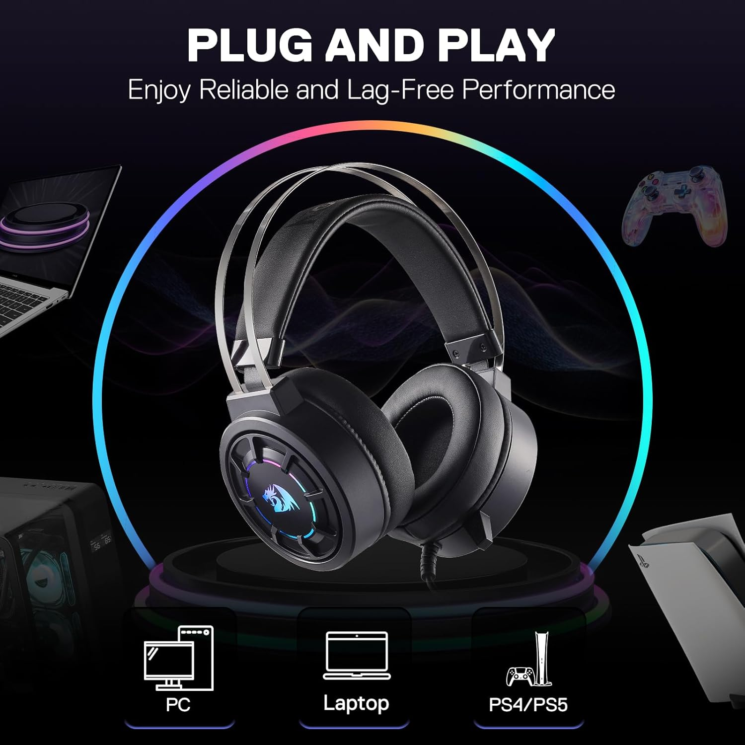 Redragon H314-RGB GRENDEL Wired Gaming Headset USB - Black