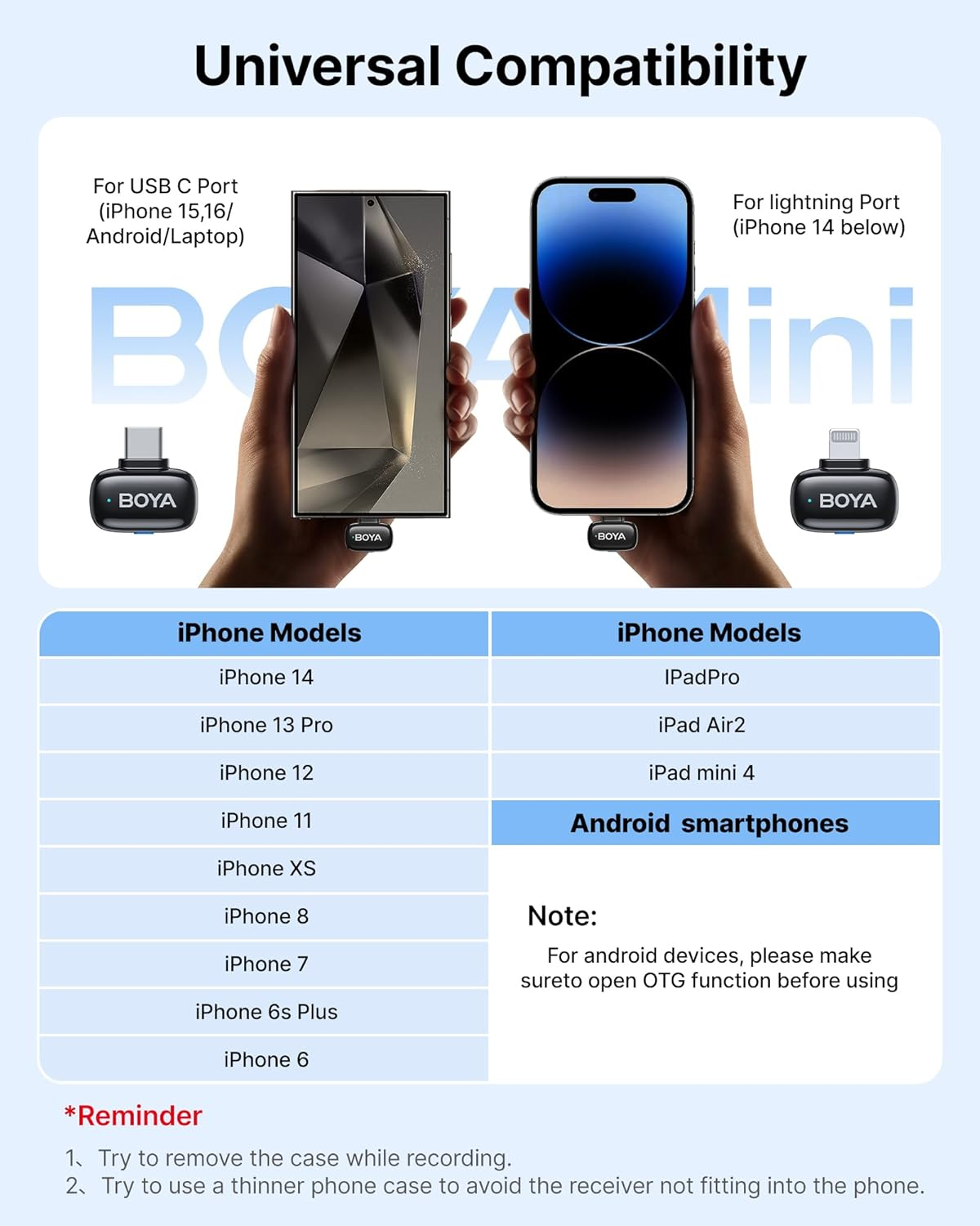 BOYA Mini Wireless Microphone for iPhone/Android/PC/Tablets with USB C/Lightning Plug - Black