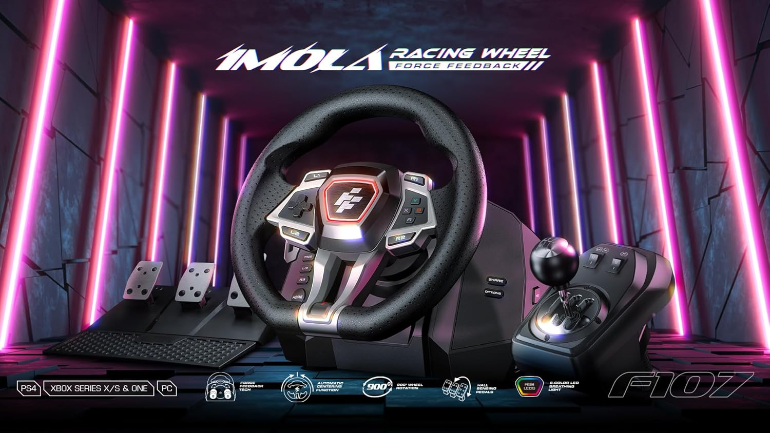 Flashfire F107 IMOLA Racing FORCE FEEDBACK Wheel, Pedals, Shifter, Hall-Effect Sensor, Vibration Feedback Function, Adjustable Rotation 270° and 900°