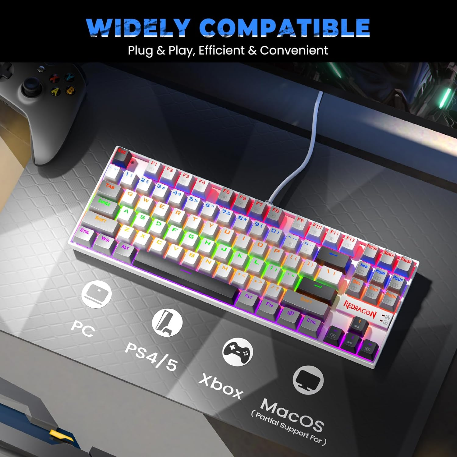 Redragon KUMARA K552WGL 87% Wired Mechanical Gaming Keyboard (R-SW) - White