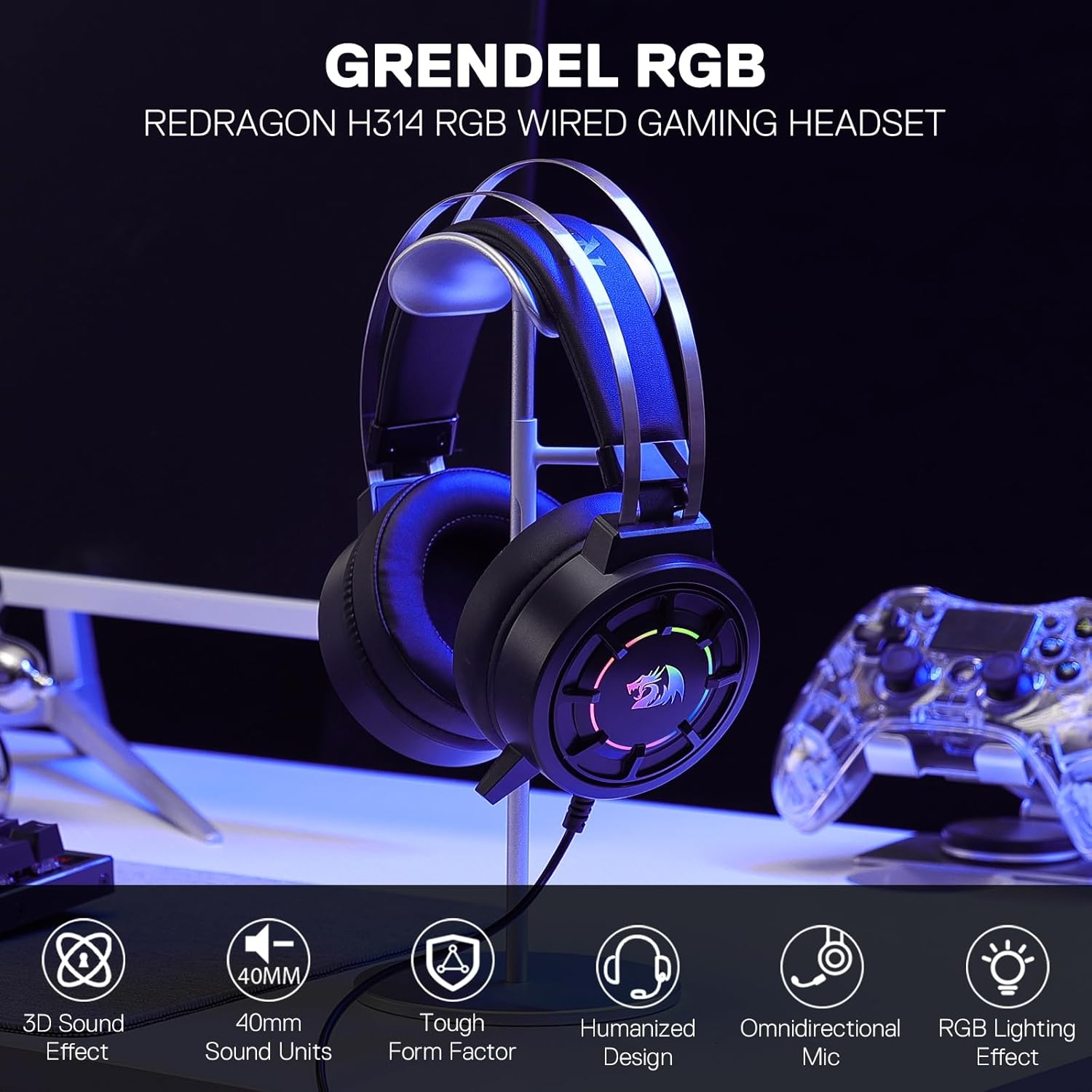 Redragon H314-RGB GRENDEL Wired Gaming Headset USB - Black