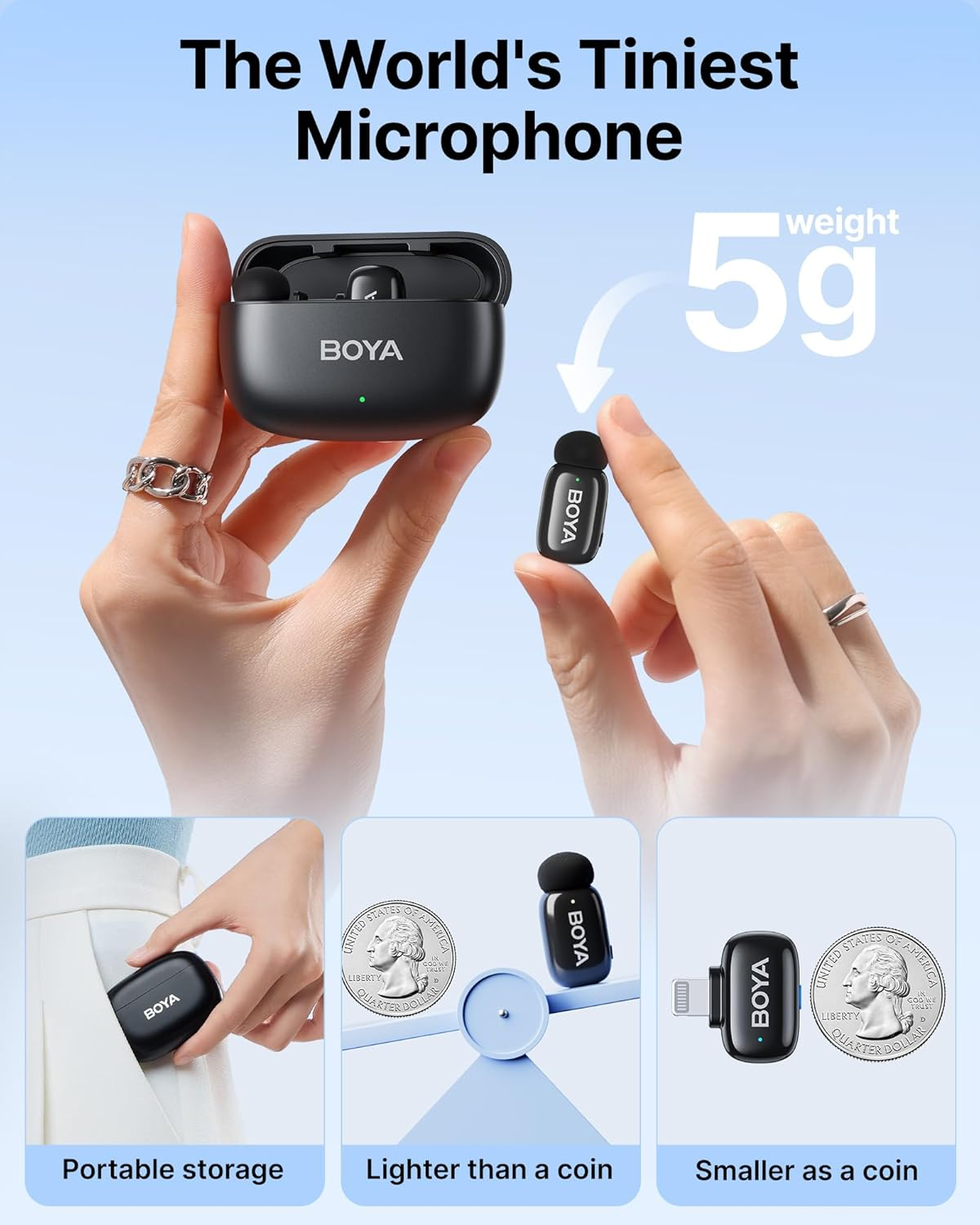 BOYA Mini Wireless Microphone for iPhone/Android/PC/Tablets with USB C/Lightning Plug - Black