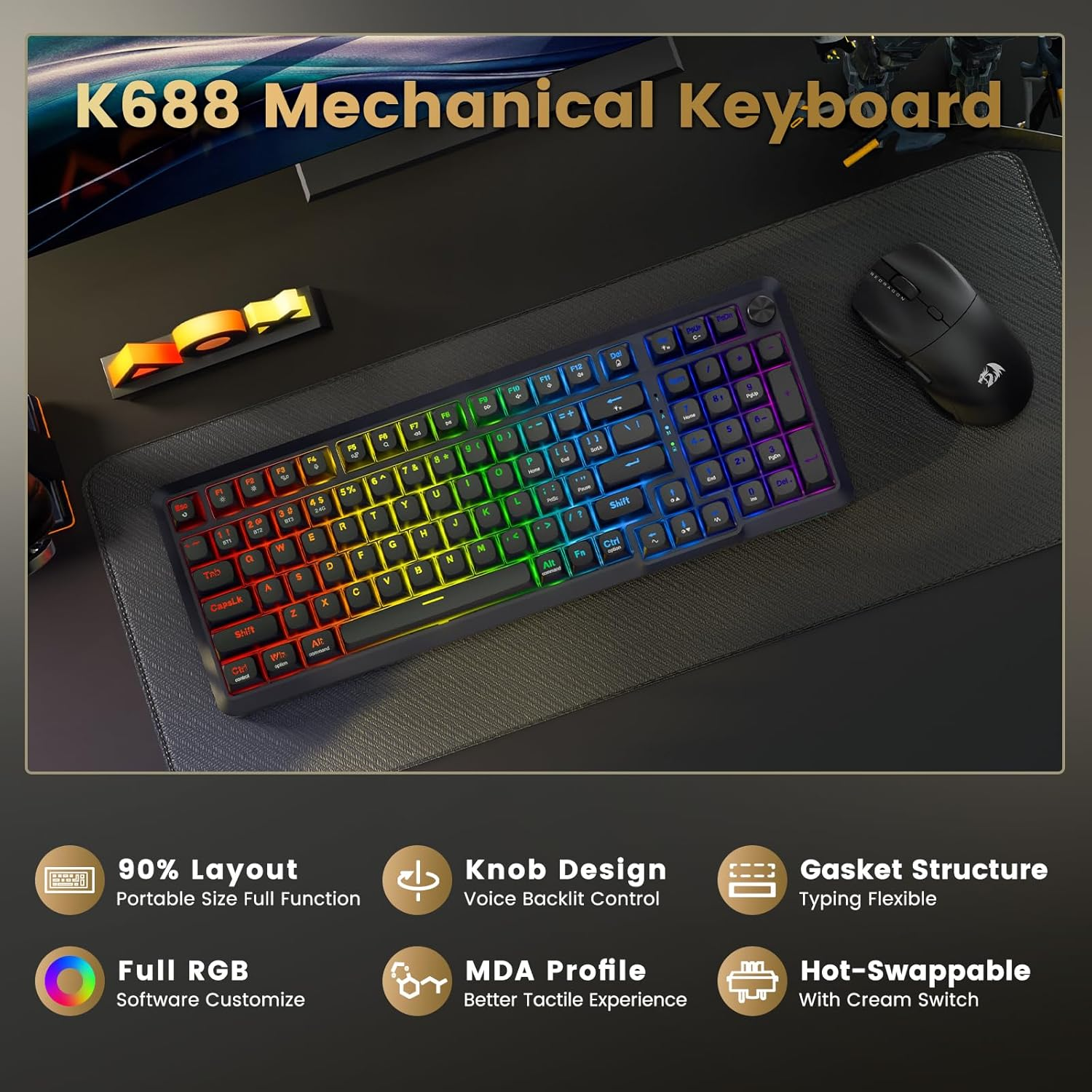 Redragon Wireless Mechanical Keyboard, 3 Mode Gasket Mounted RGB Gaming Keyboard with Volume Knob