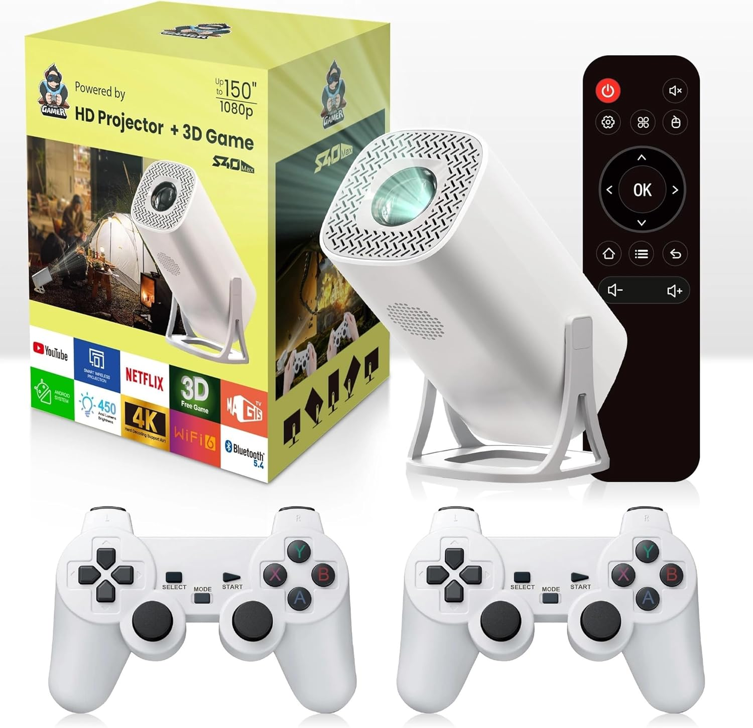 M300 S40 Max Projector Bluetooth Android 11 Proyector With 2 Wireless Controllers Video Games Console Built-in 3000 Games