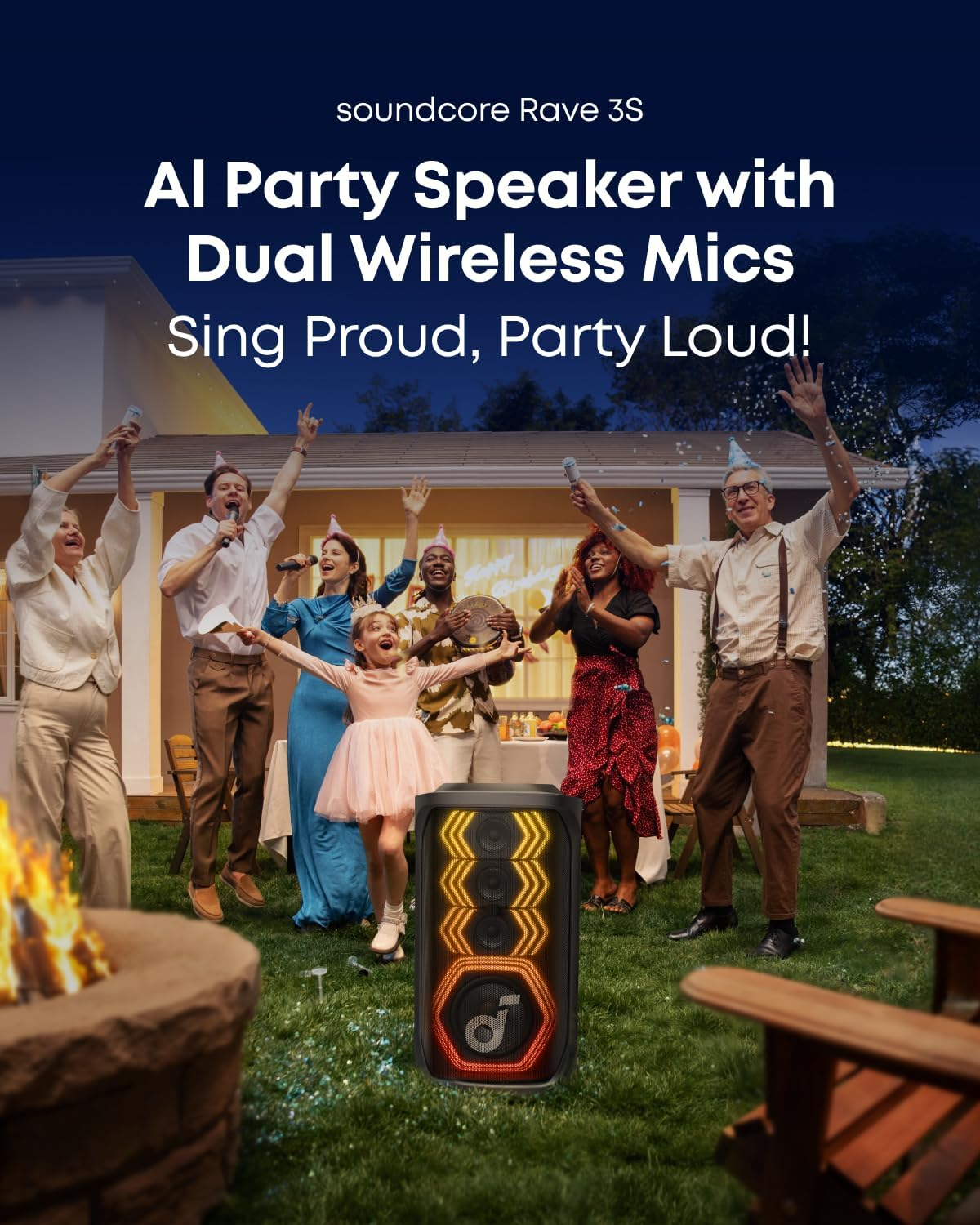 Soundcore Rave 3S AI Party Speaker with 2 Wireless Microphones, 200W Sound, AI Vocal Removal, Reverb, Light Show, 12H Playtime, Portable Bluetooth