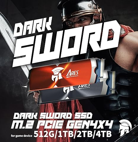 DATO ARES Dark Sword 1TB with Heatsink, M.2 2280 Gen4, Compatible with PS5, Up to 7200/6850 MB/s NVME