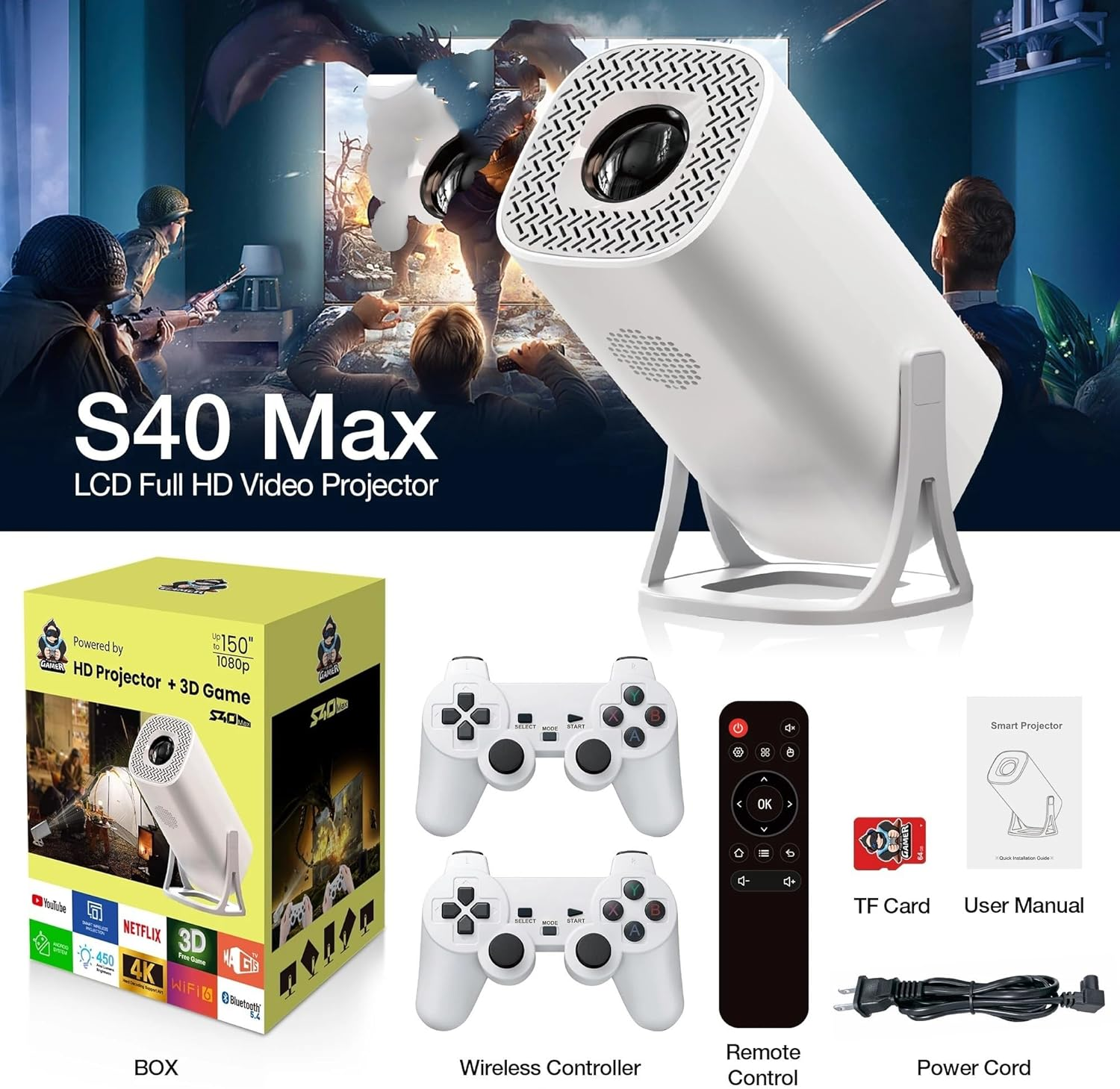 M300 S40 Max Projector Bluetooth Android 11 Proyector With 2 Wireless Controllers Video Games Console Built-in 3000 Games