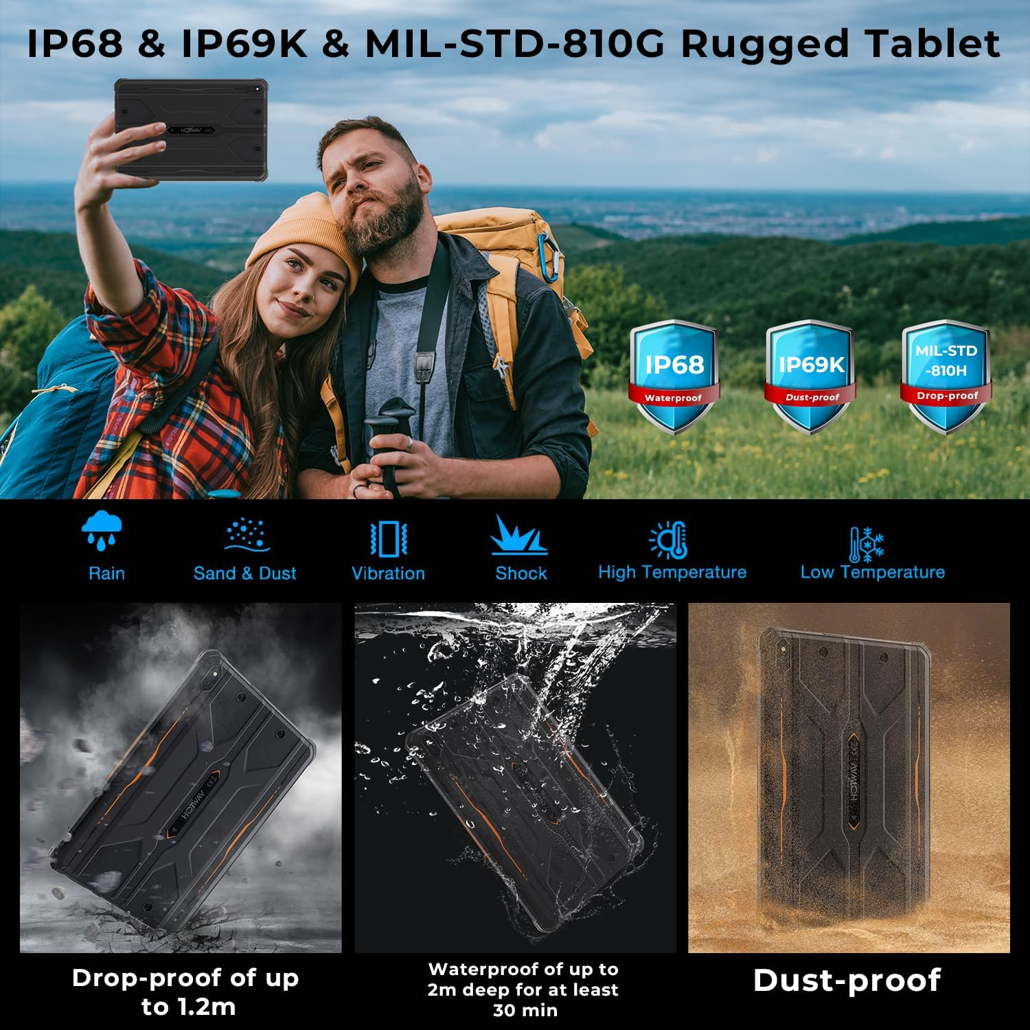 HOTWAV R8 Rugged Tablet Android 14, 10.1 inch HD+ Display 10800mAh Battery, Octa-Core 12GB RAM+128GB ROM+1TB Outdoor Tablet, 13MP+5MP Camera IP68/IP69K Waterproof