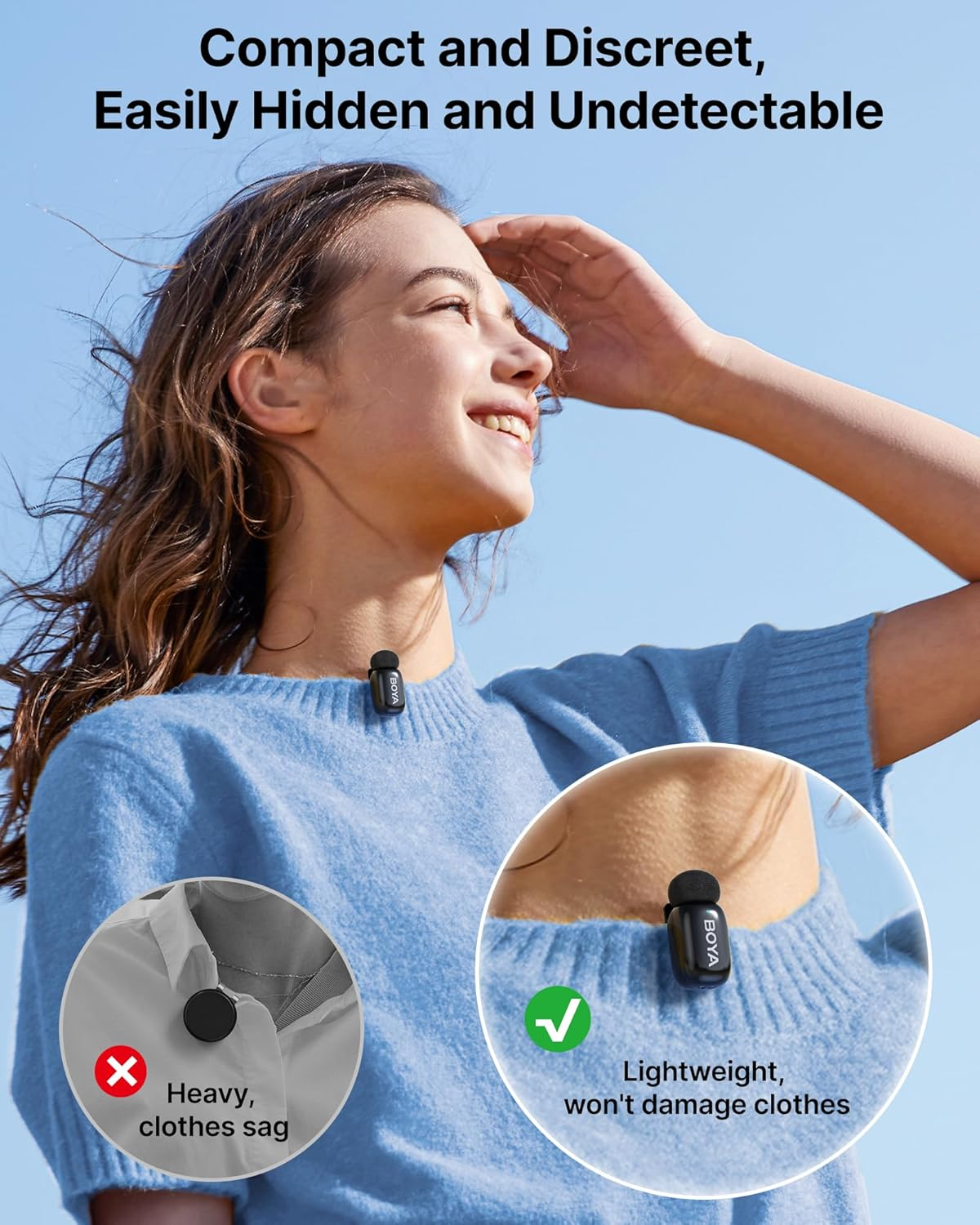 BOYA Mini Wireless Microphone for iPhone/Android/PC/Tablets with USB C/Lightning Plug - Black