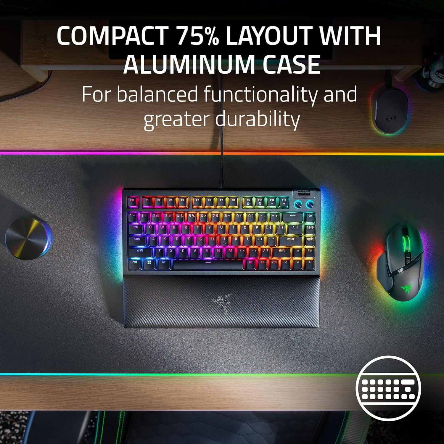 Razer BlackWidow V4 75% Mechanical Hot-swappable Compact & Durable Chroma MF Roller & Media Keys Wrist Rest Orange Tactile Switches - Black