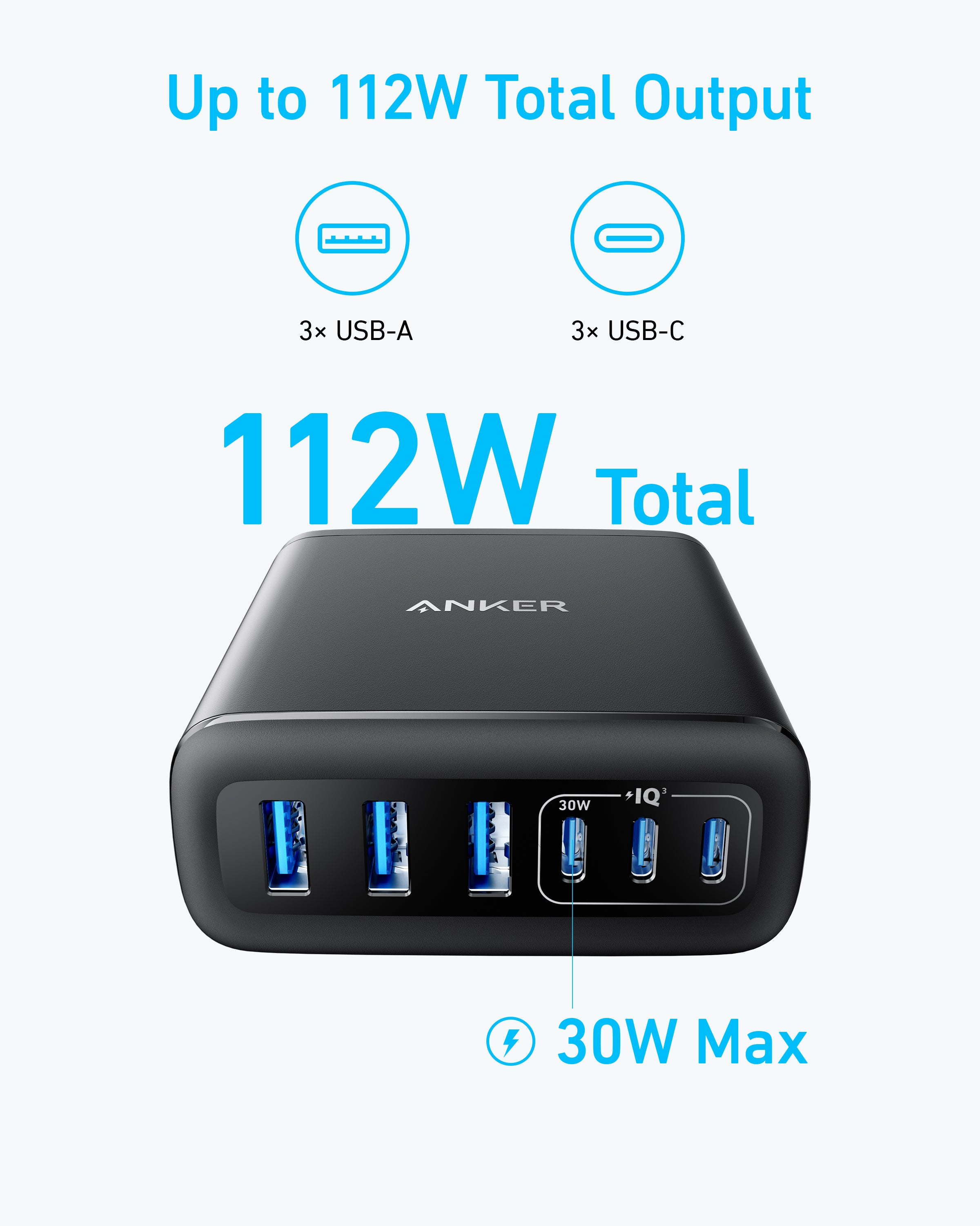 Anker Charger (112W, 6 Ports, GaN) - Black