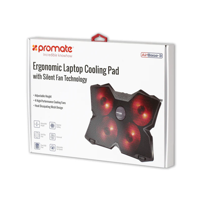 Promate AirBase 3 Ergonomic Laptop Cooling Pad with Silent Fan Technology