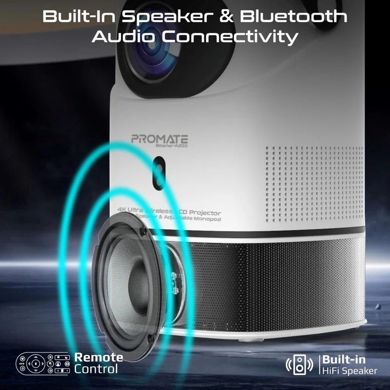 Promate Beamer-A250 4K Ultra HD Wireless LCD Projector with Built-In Speaker & Monopod Stand