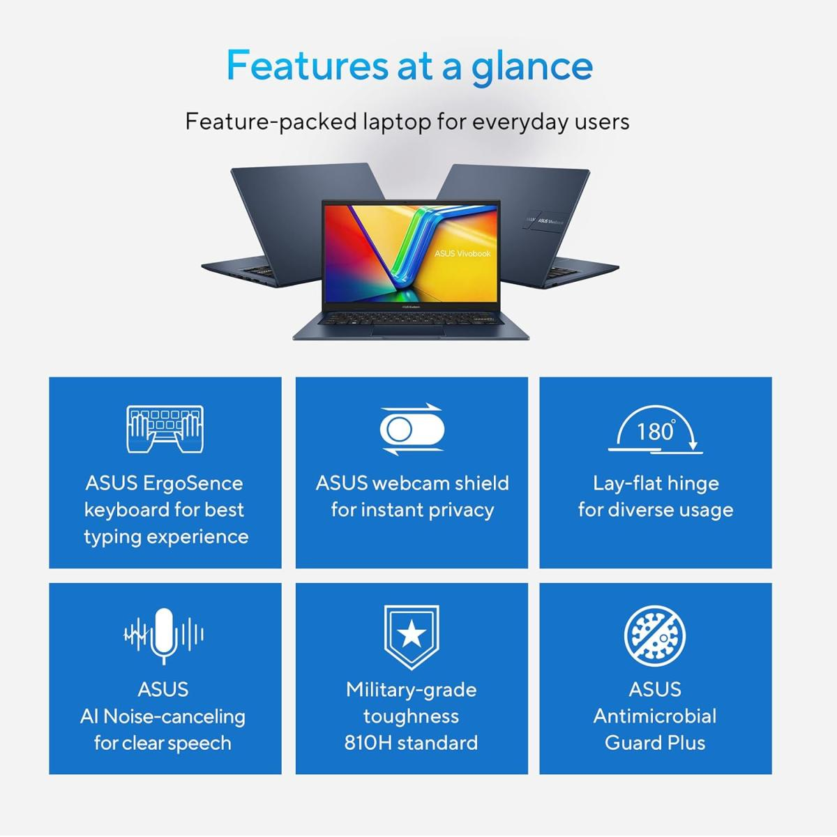 ASUS Vivobook 14, Intel Core™ i7-1355U 10-Cores Processor, 8GB DDR4 (Customized), 14