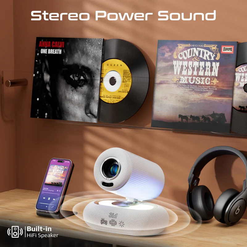 Promate Beamer-250R 4K Compatible HD Wireless LCD Projector with Built-In Speaker & Ambient RGB light - White