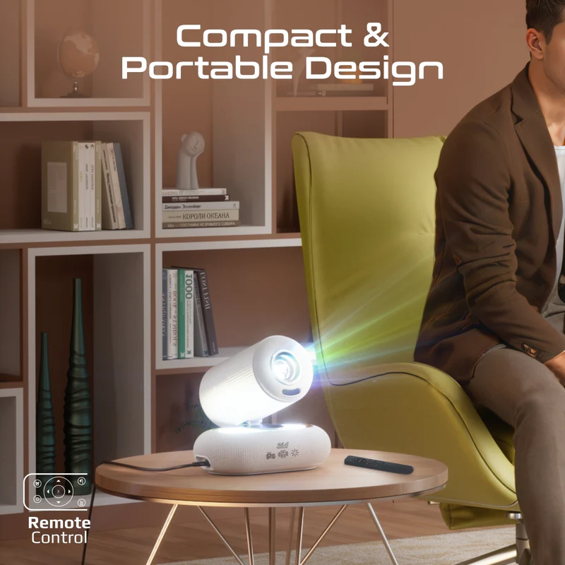 Promate Beamer-250R 4K Compatible HD Wireless LCD Projector with Built-In Speaker & Ambient RGB light - White