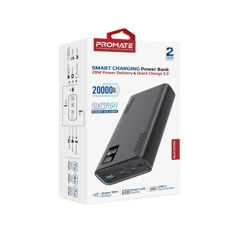 Promate Bolt-20PD, Power Bank 20000mAh, Ultra-Slim Portable Charger, 20W