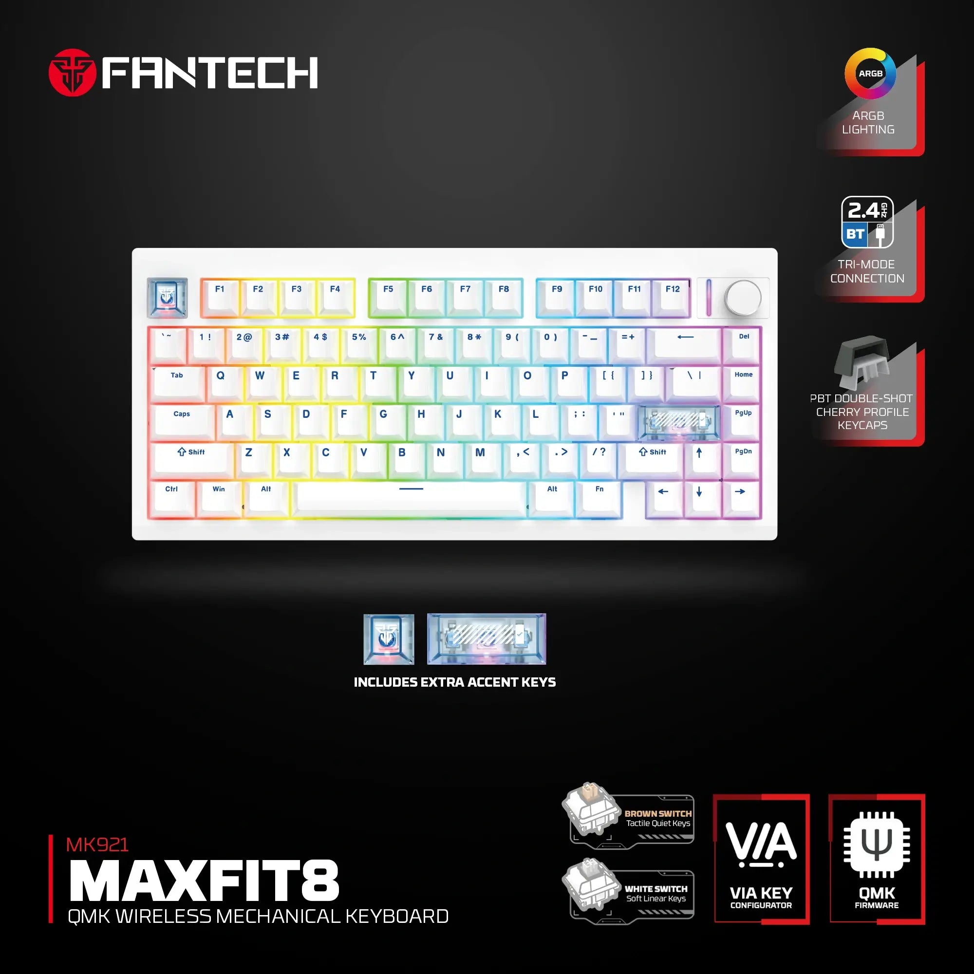 FANTECH MK921 MAX FIT QMK WIRELESS MECHANICAL KEYBOARD WHITE WHITE SWITCH