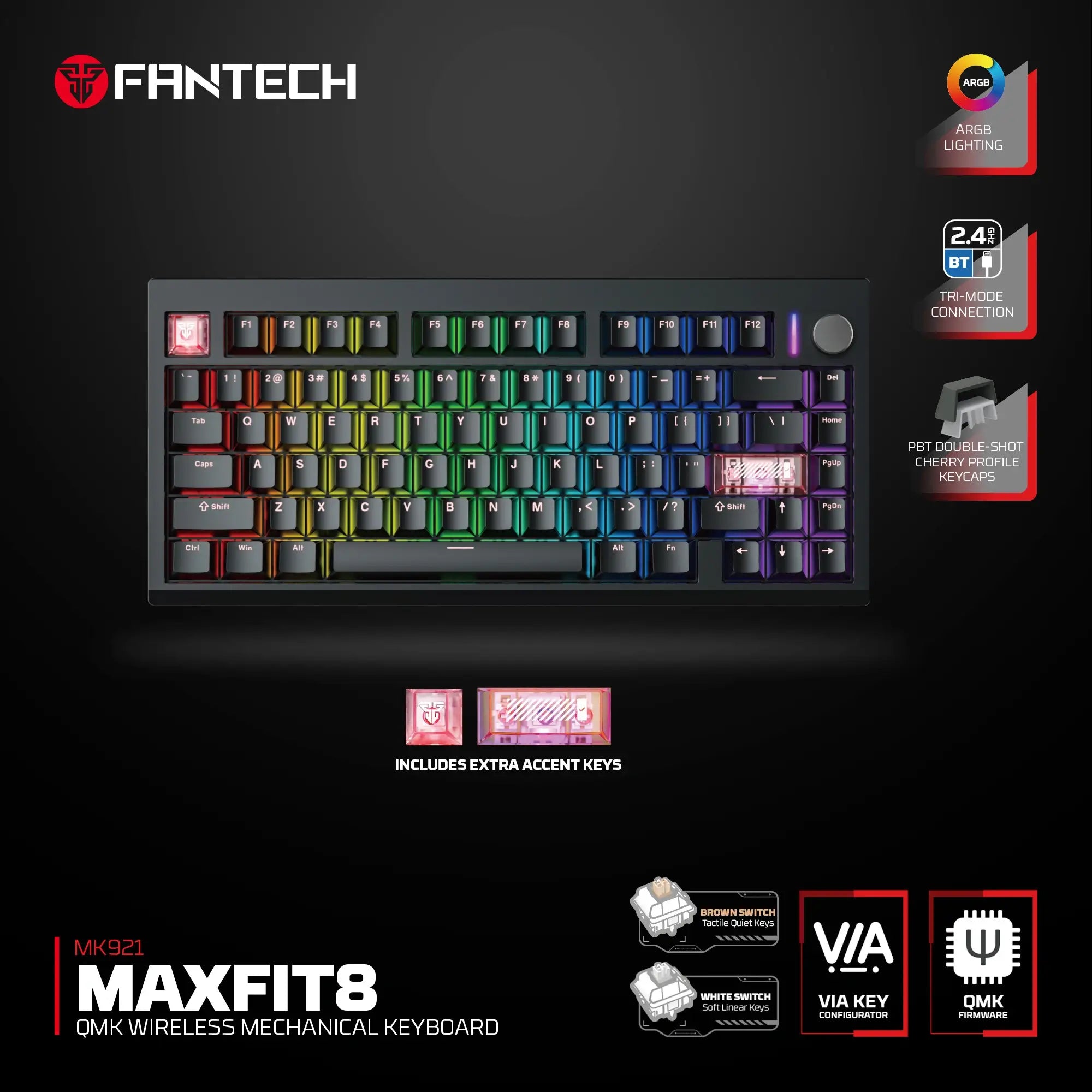 FANTECH MK921 MAX FIT QMK WIRELESS MECHANICAL KEYBOARD BLACK WHITE SWITCH