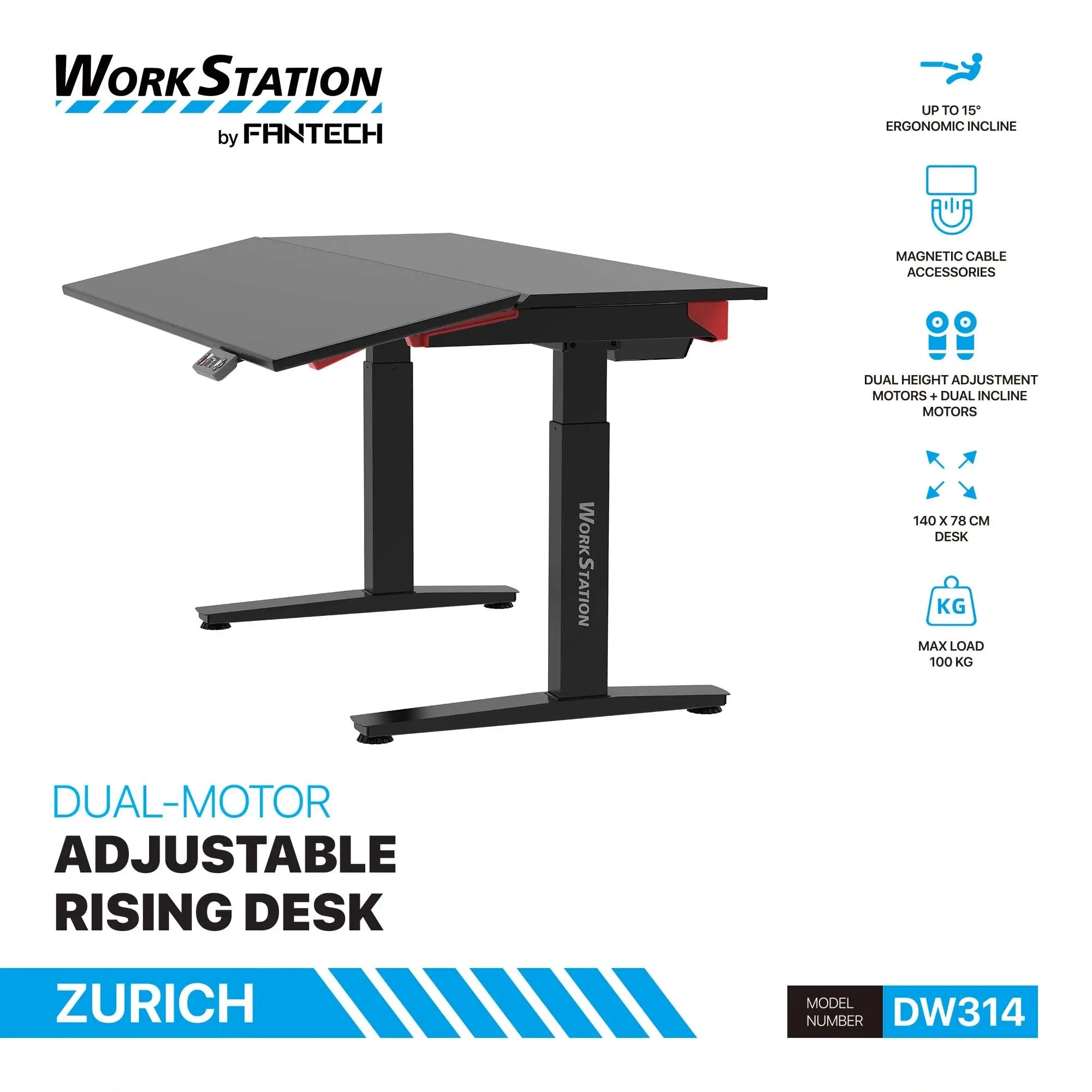 FANTECH DW314 WORK STATION DUAL-MOTOR ADJUSTABLE RISING DESK-ZURICH - BLACK