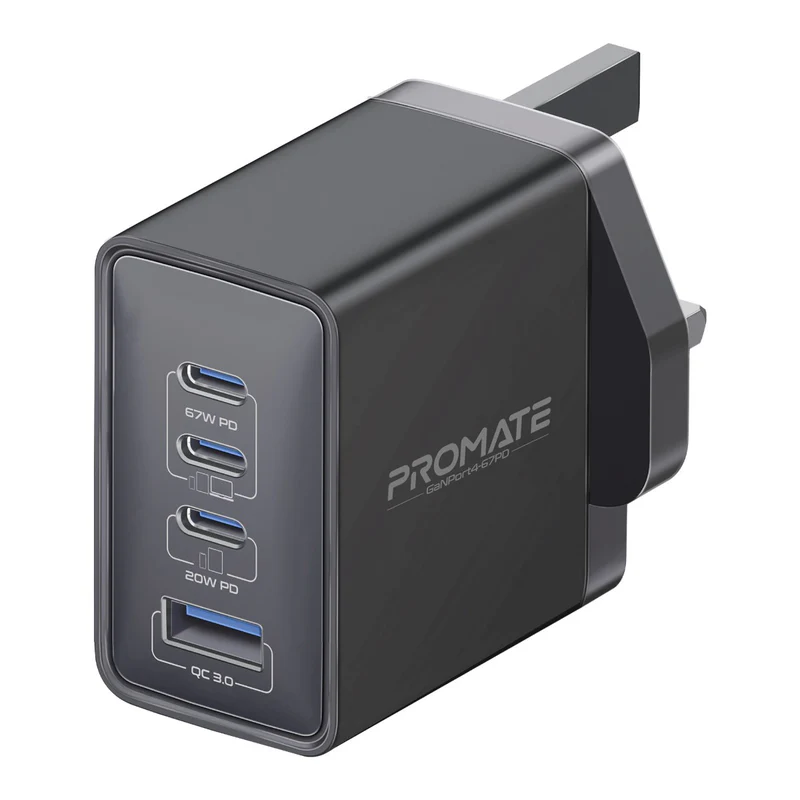 Promate GaNPort4-67PD 67W Power Delivery GaNFast Charger with Quick Charge 3.0 - Black