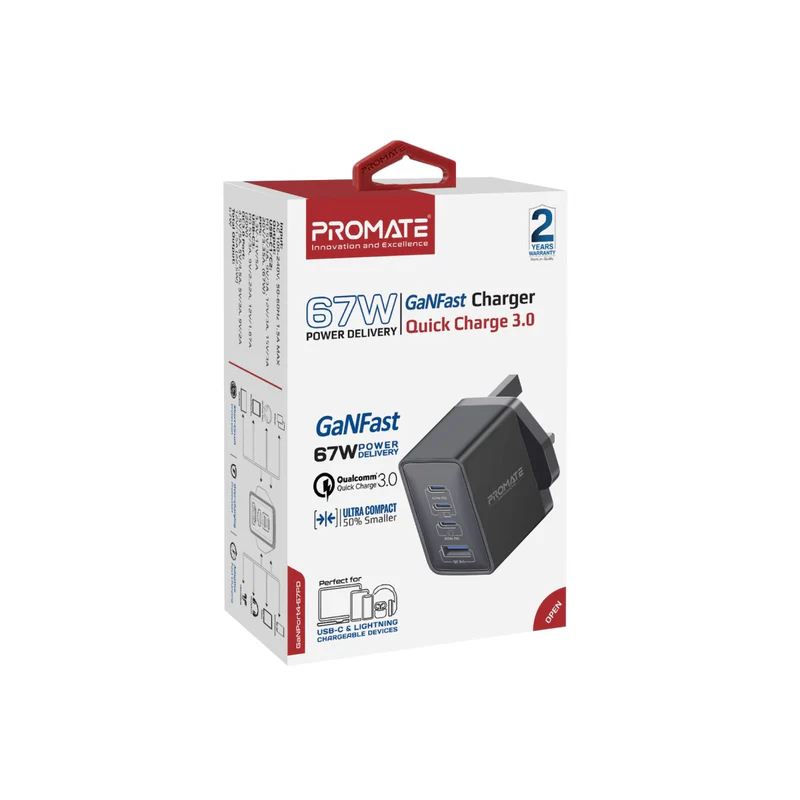 Promate GaNPort4-67PD 67W Power Delivery GaNFast Charger with Quick Charge 3.0 - Black