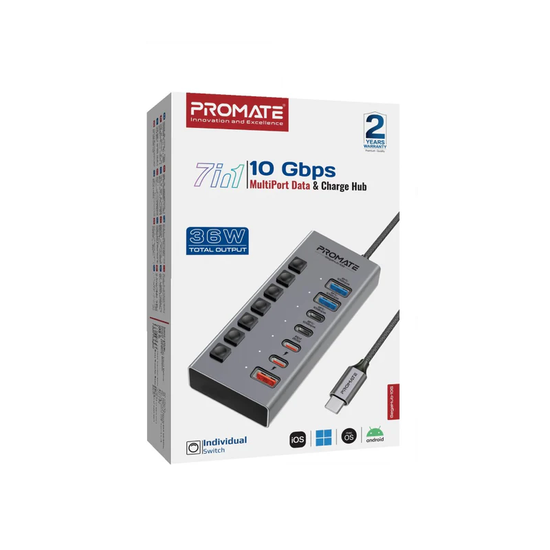 Promate GegaHub-10G 7-in-1 High Speed Multi-Ports 10Gbps Data & Charging Hub EU