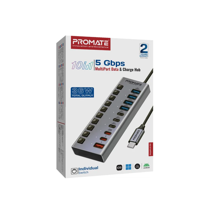 Promate GegaHub-5G 7-in-1 High Speed Multi-Ports 10Gbps Data & Charging Hub