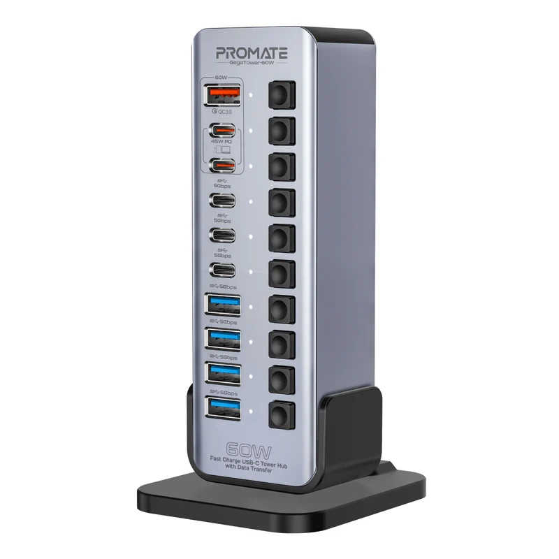 Promate GegaTower-60W Fast Charge Multi-port USB-C Tower Hub with 5Gbps Data Transfer