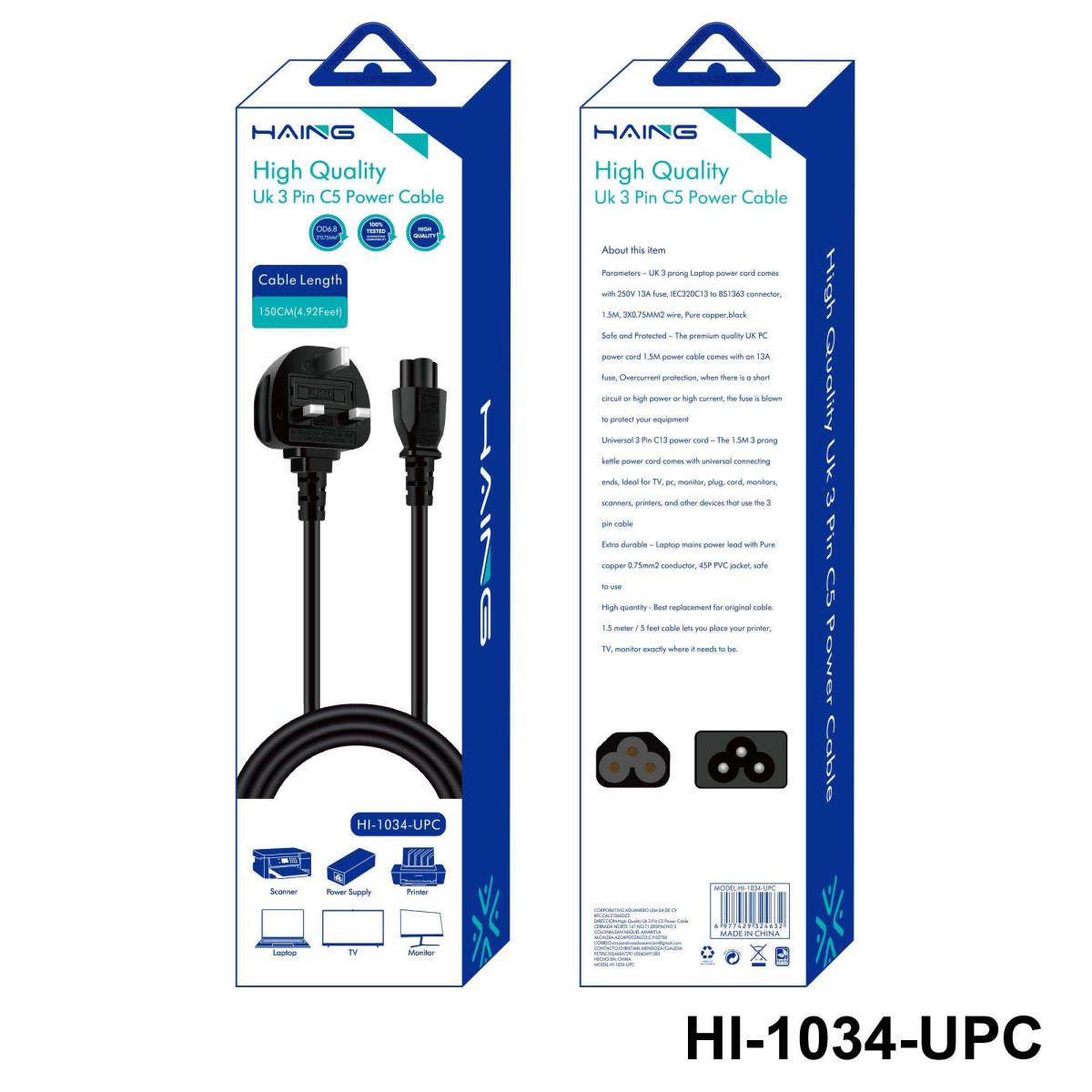 HAING HI-1034-UPC-150C UK 3 Pin to C5 Power Cable 1.5M