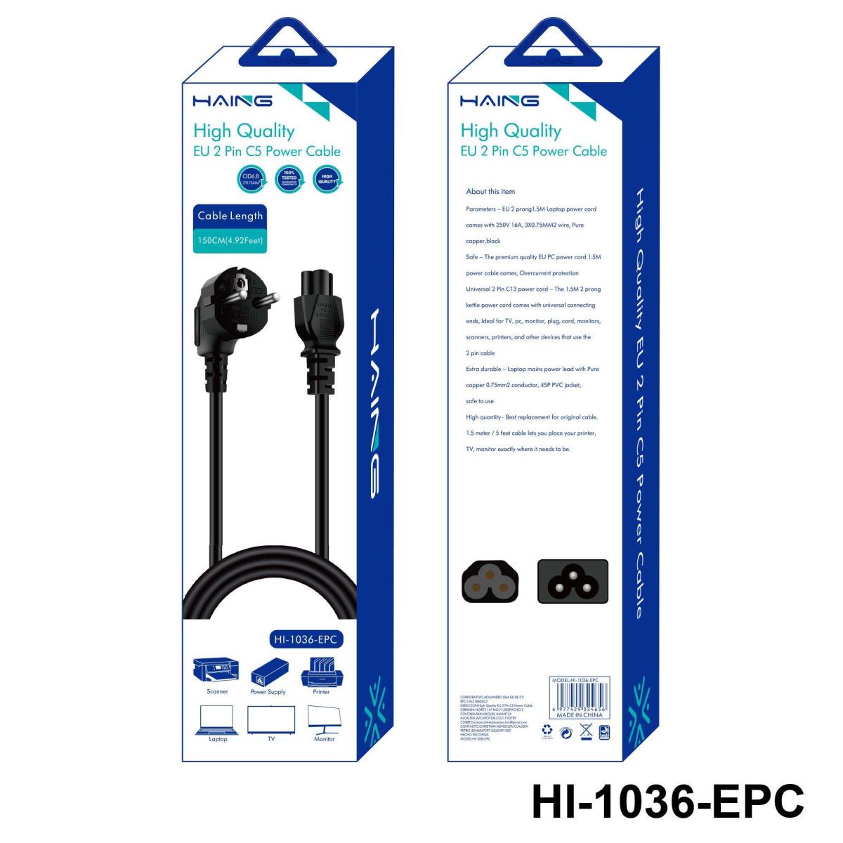 HAING HI-1036-EPC-150C EU 2 Pin to C5 Power Cable 1.5M