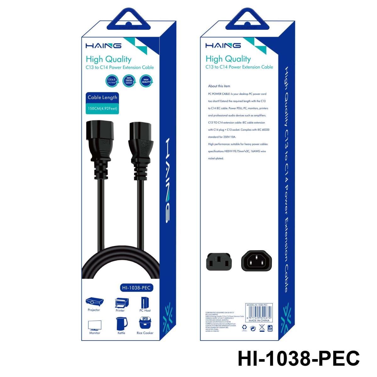 HAING HI-1038-PEC-150C C13 to C14 Power Extension Cable 1.5M