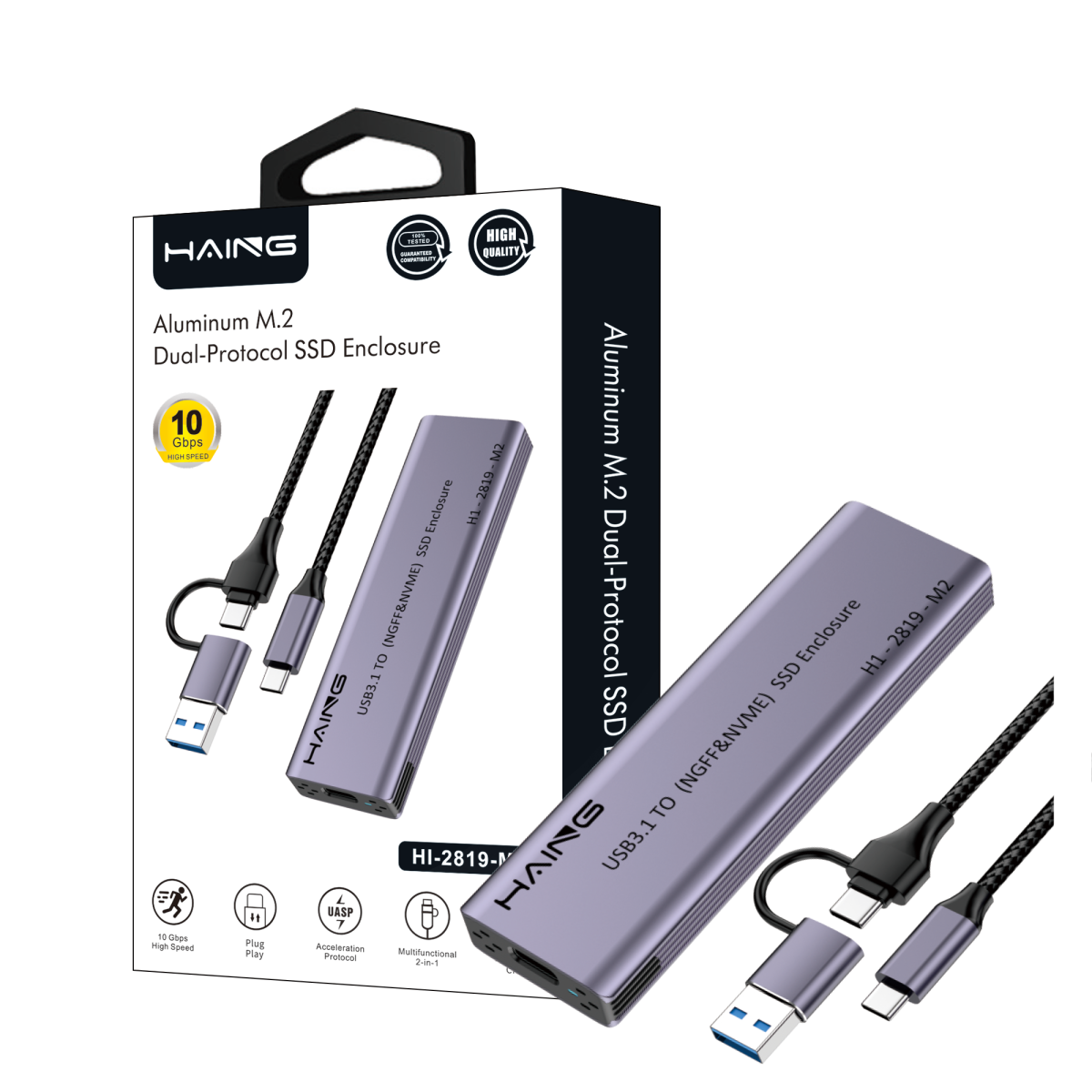 Aluminum M.2Dual-Protocol SSD Enclosure. HI-2819-M2