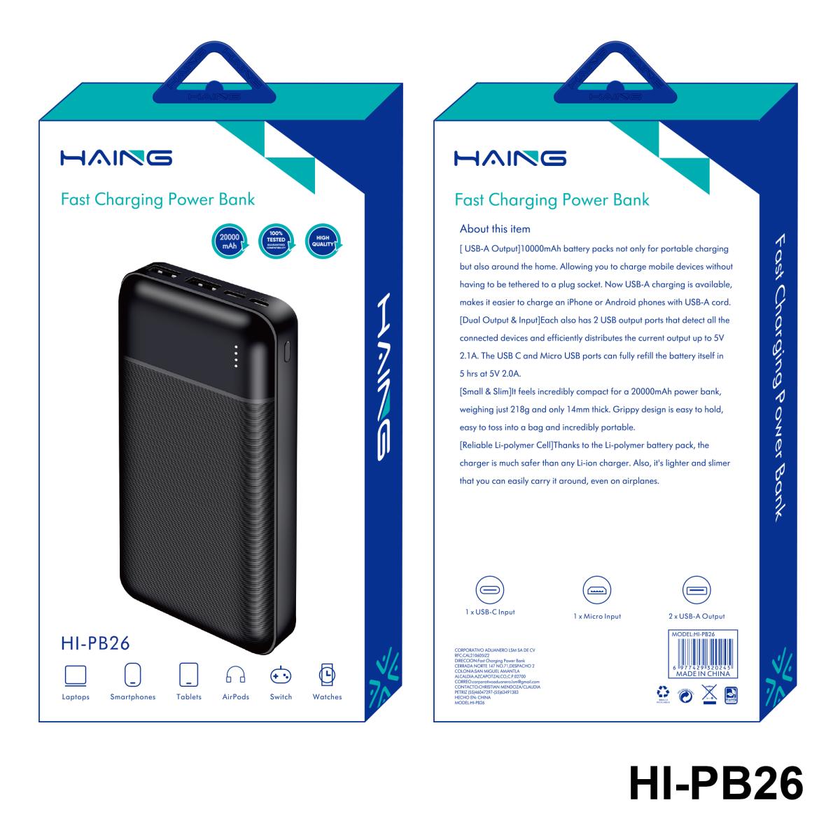 HAING HI-PB26-W Fast Charging Power Bank 22.50W 20000mAh -White