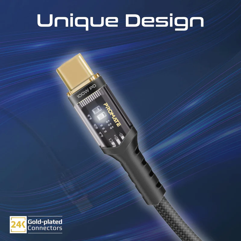 Promate LucidLine-CC120 USB-C™ to USB-C™ Cable Fast-Charging 100W with Transparent Tips LED 480Mbps